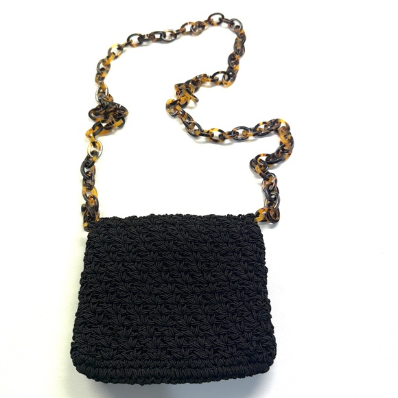 Gun Marie Nilsson NYC Black Macrame Woven Crossbody Purse Tortoise Shell Chain - Picture 1 of 8